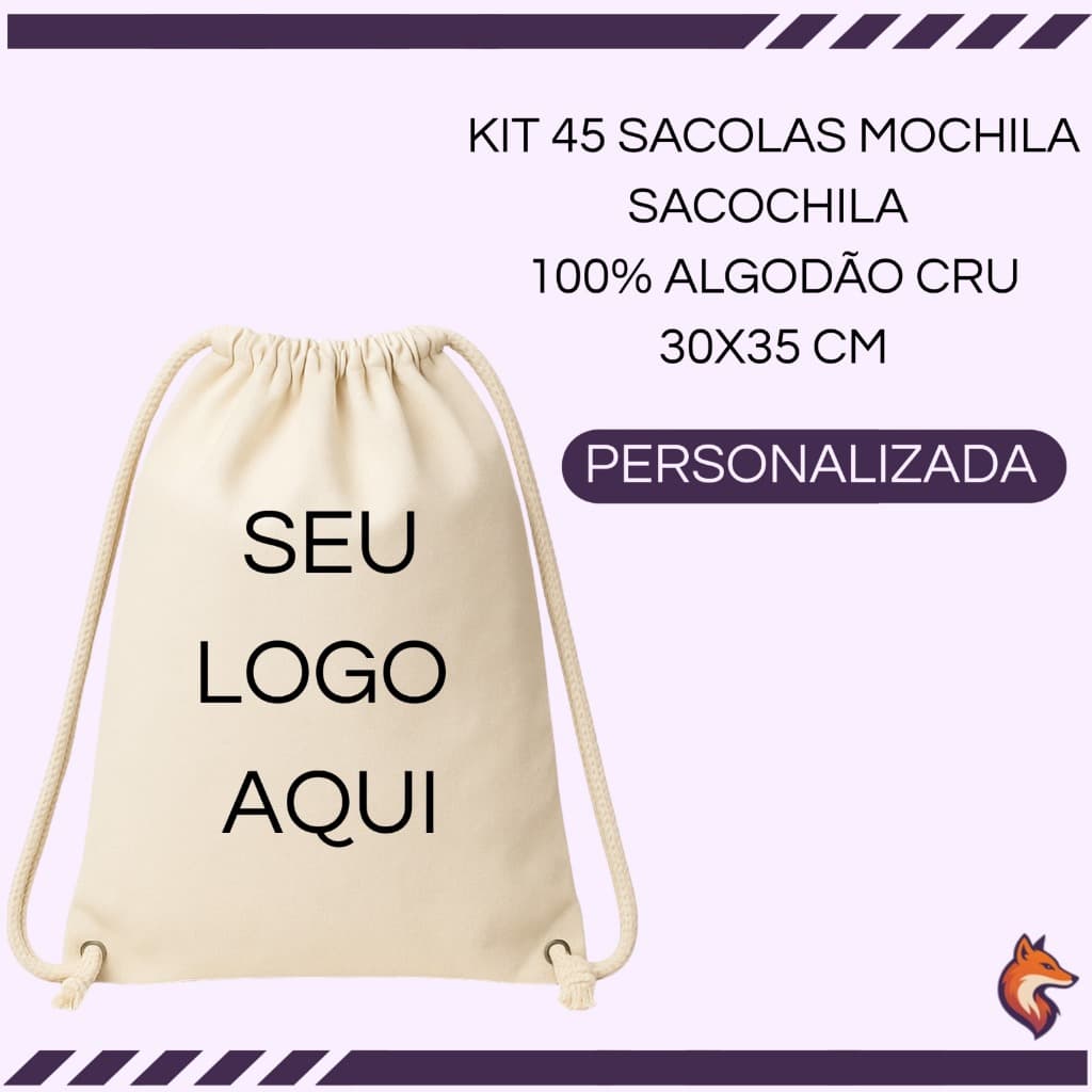 KIT 45 SACOLAS MOCHILA ECOLOGICA 100% ALGODÃO CRU SACOCHILA PERSONALIZADA 39X30 CM ESTAMPA EM DTF