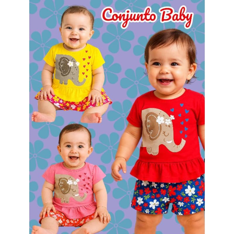 Conjunto Bebê Feminino Baby Camiseta Elefante + Short Floral Look Infantil Fofo Roupa de Bebe Menina