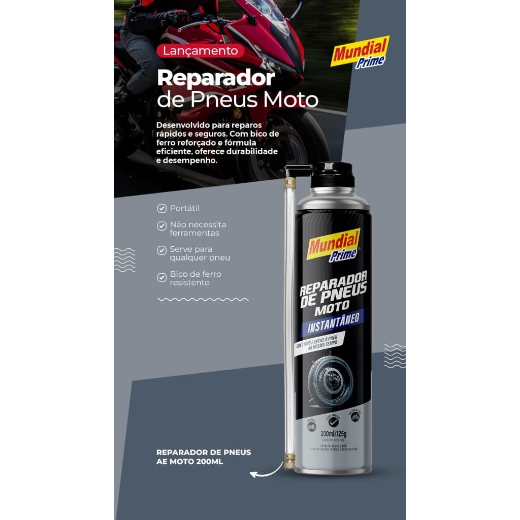 REPARADOR DE PNEUS PARA MOTO - 200ML/136G - MUNDIAL PRIME