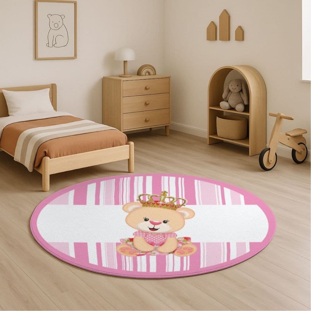 Tapete Quarto Infantil Rosa Bebê Urso Princesa Redondo Oval Antiderrapante Emborrachado Lavável Fofo