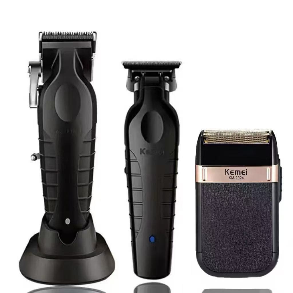 Kit Barbeiro Profissional 3 maquina Kemei Original Cortar Cabelo Acabamento Shaver Detalier Pezinho