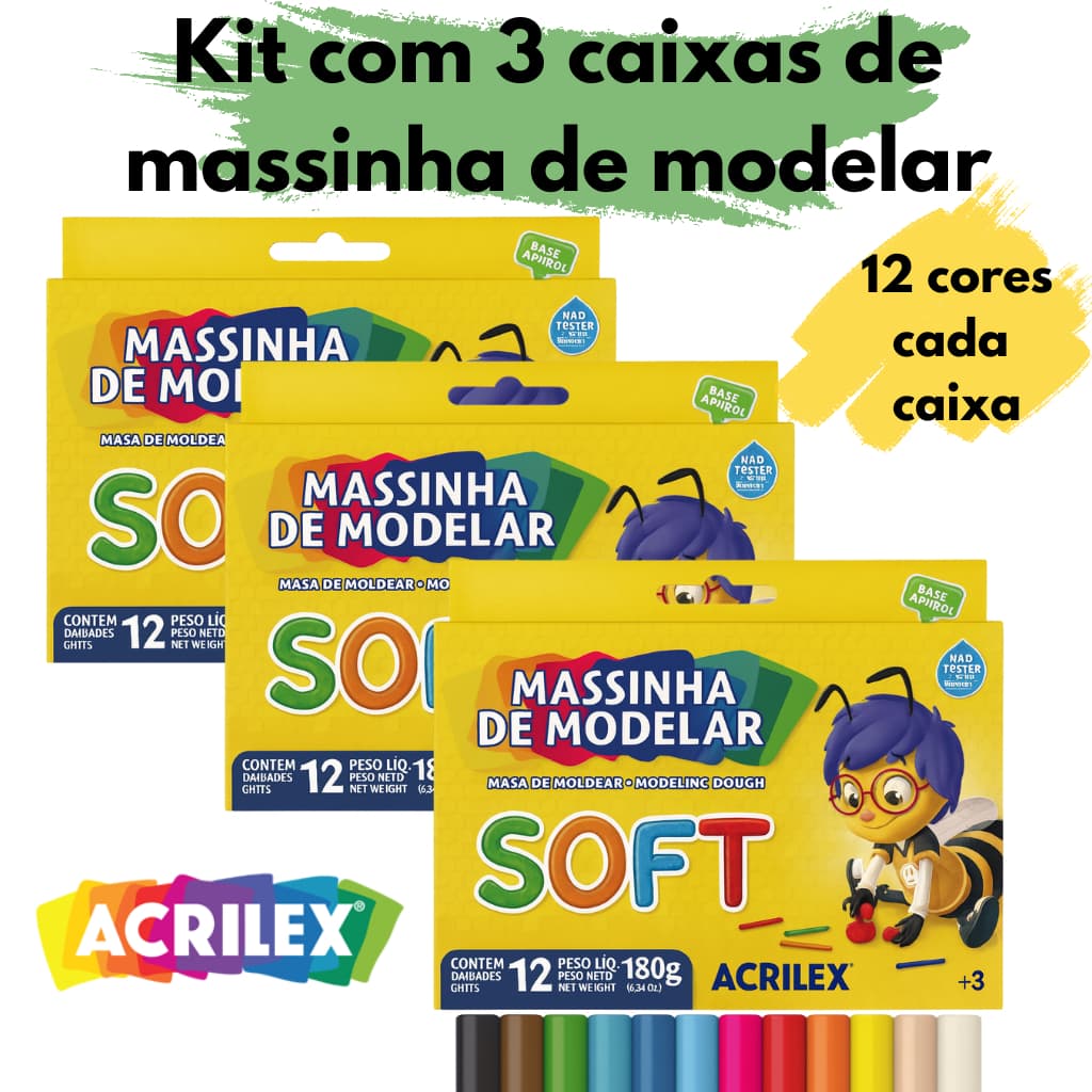 Kit 3 Caixas Massinha De Modelar Acrilex 12 Cores Não Tóxica Educativa Infantil