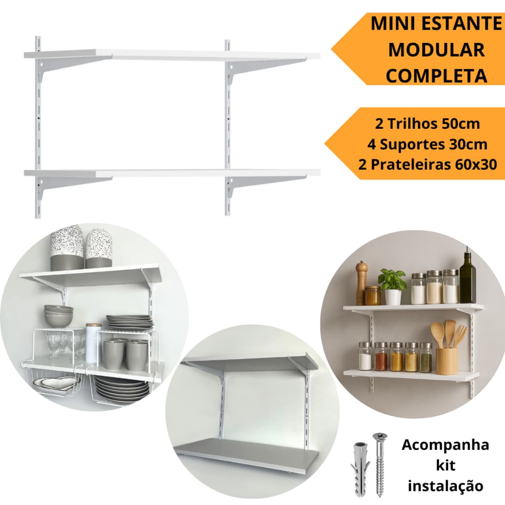 Kit Estante Modular Aço MDF 60x30cm Conjunto Modular Parede Closet Prateleira