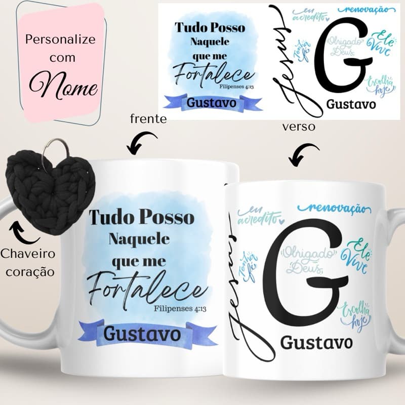 kit Caneca Personalizada com Nome +Caixa presente+ Chaveiro presente evangélico/gospel