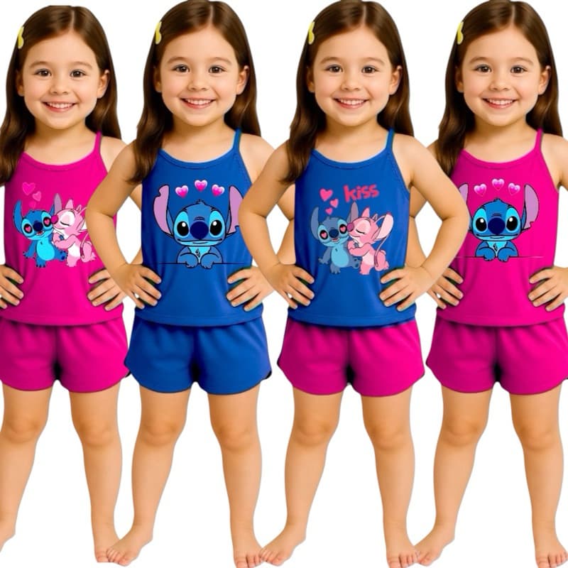 Pijama Infantil Feminino Curto Baby Doll Short Doll Alcinha Stitch Verão