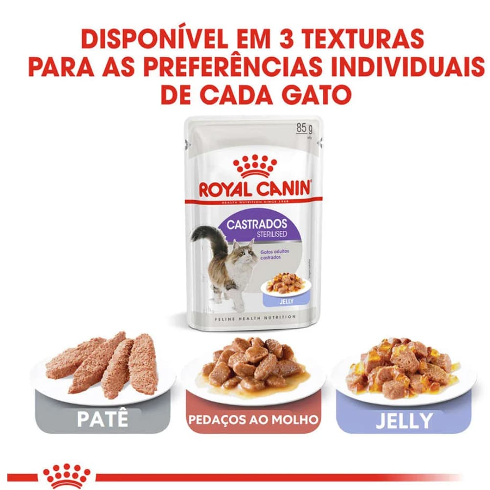 KIT 12UN - Royal Canin Sachê Gatos Castrados Adultos 85g - Pedaços ao molho / Jelly / Patê