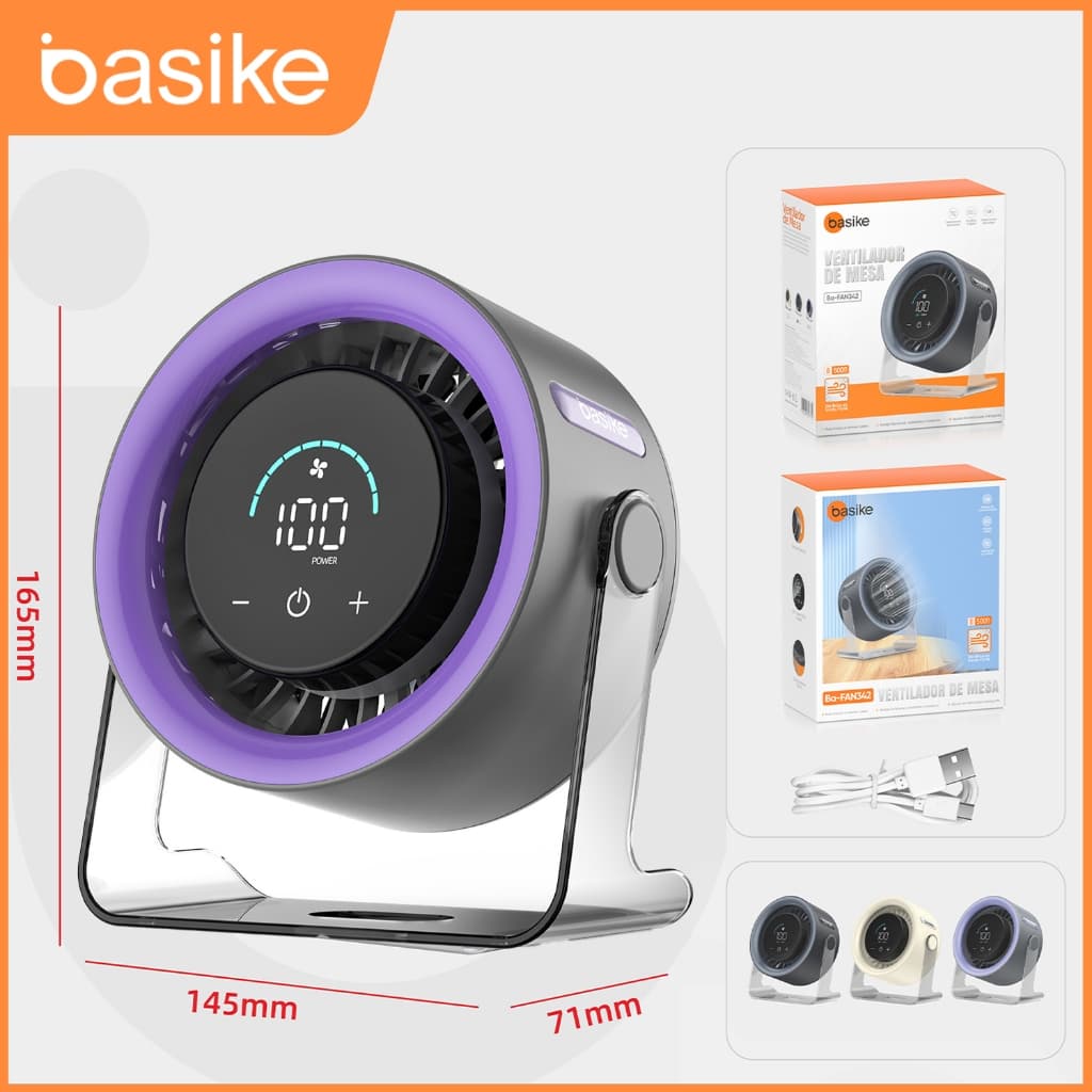 BASIKE Ventilador Mesa 100 Níveis Display Digital 5000mAh Bateria 7H Silencioso 30dB USB