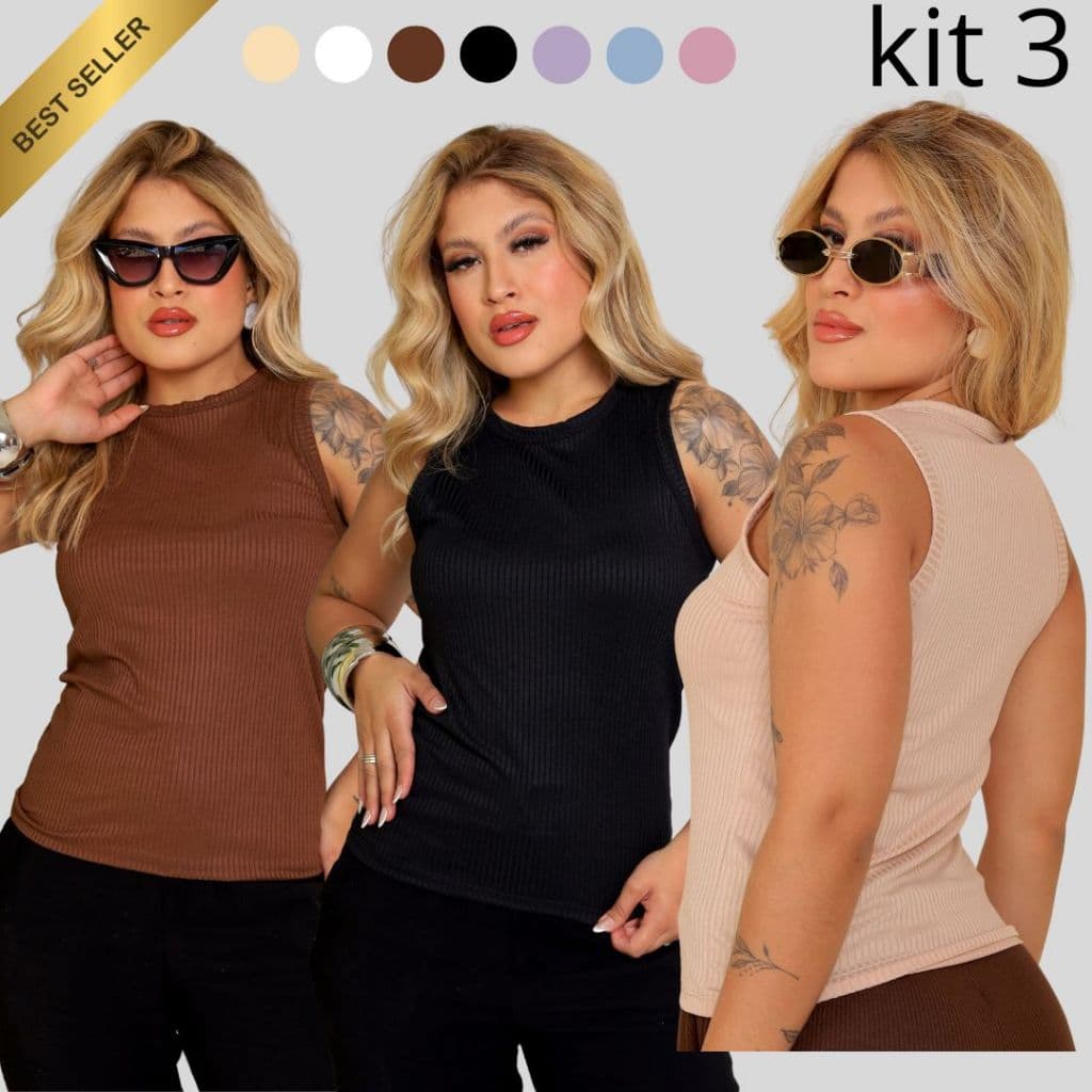 Kit 3 Regata Canelada Blusa Feminina Básica Premium Moda Básica