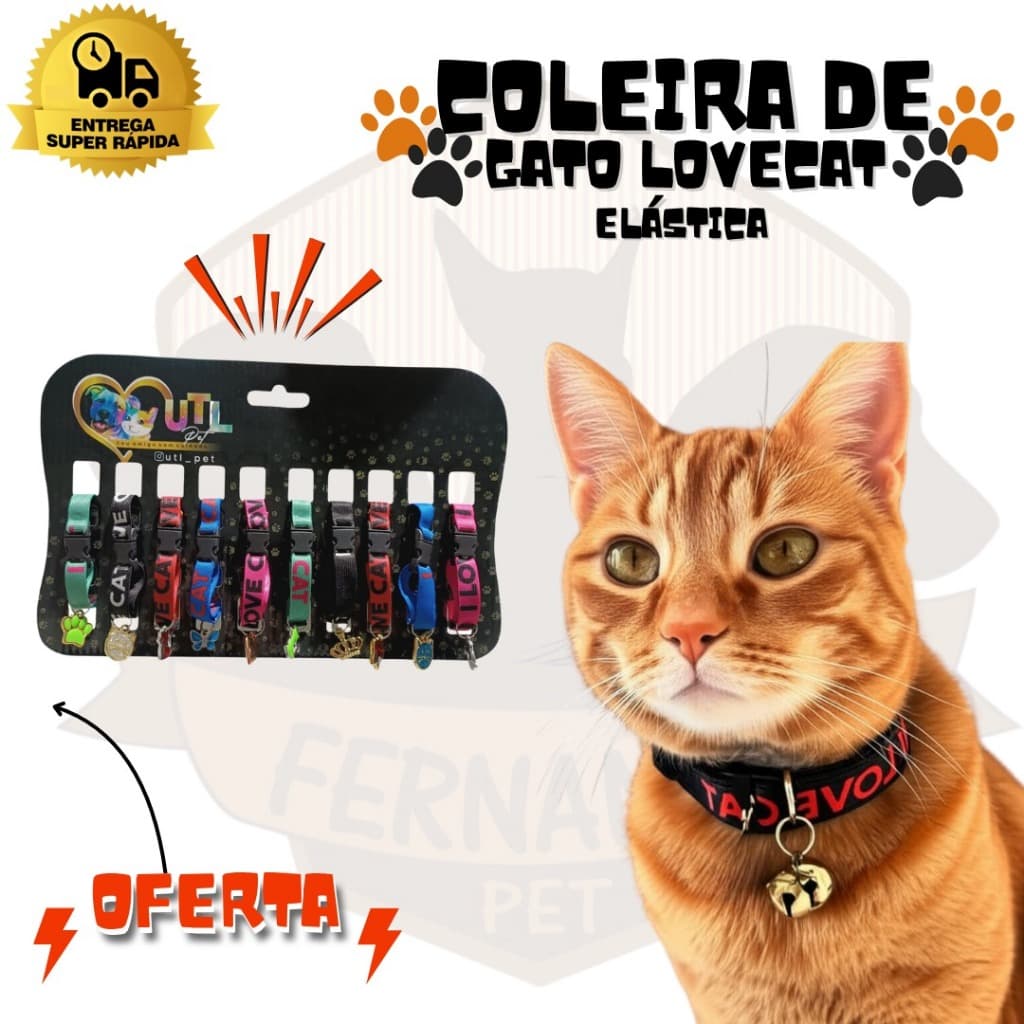 Coleira de Gato Elastica | Coleira para Gato Personalizada I Love Cat | Coleira de Gato com Ajuste
