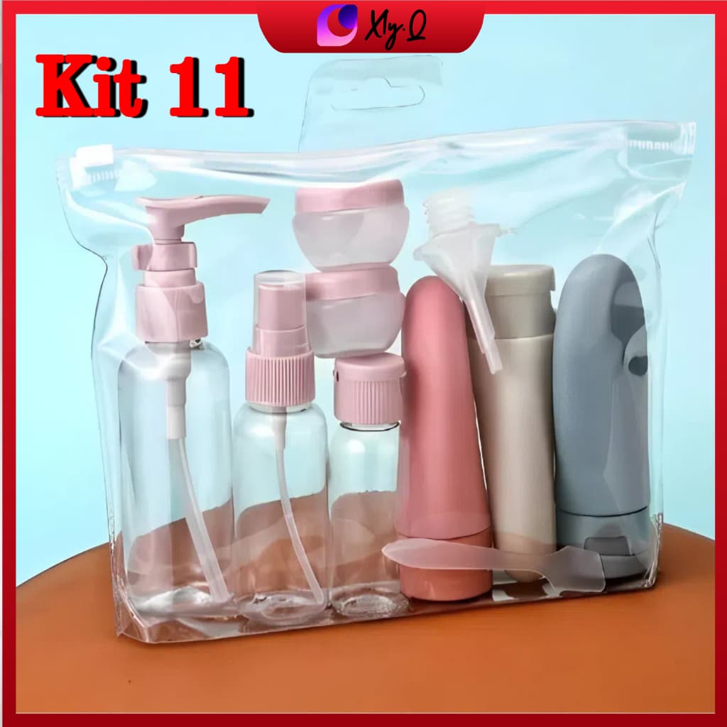 Kit 11 Frascos Viagem Cuidados Pessoais – Shampoo Creme Sabonete, Frascos Recicláveis