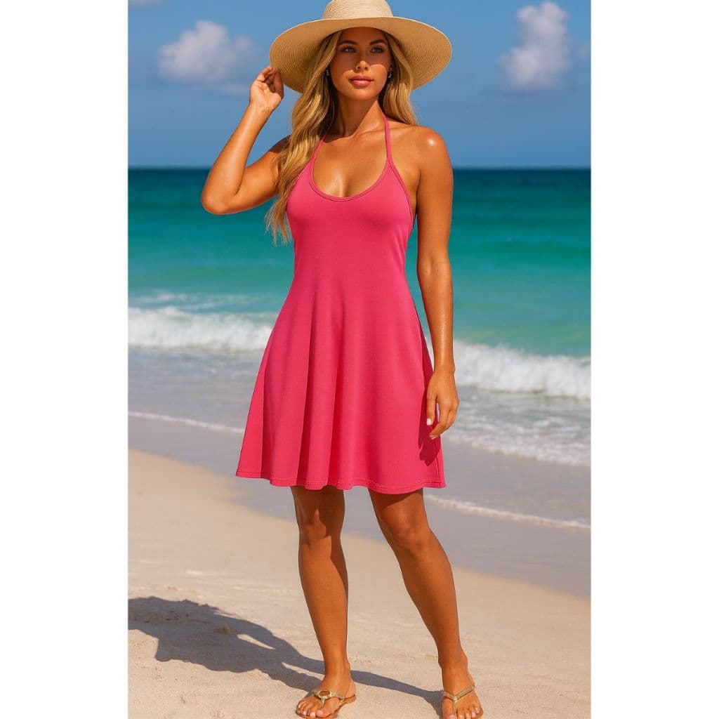 Vestido Curto Saída de Praia de Alcinha Rosa e Preto em Viscolycra com Elástico