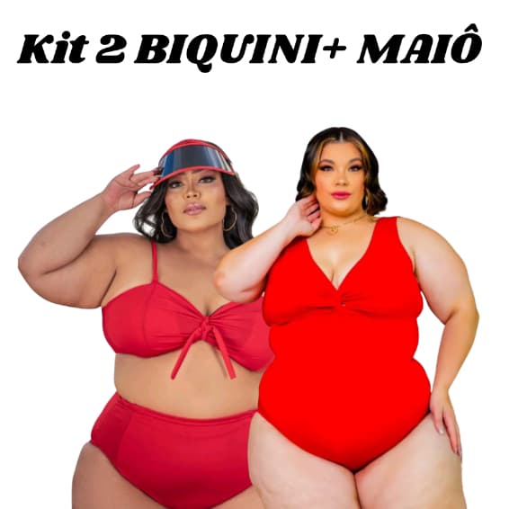 KIT Body Maiô Plus Size Transpassado com Nó + 1 Biquini Top com Forro Alça Larga Cintura Alta
