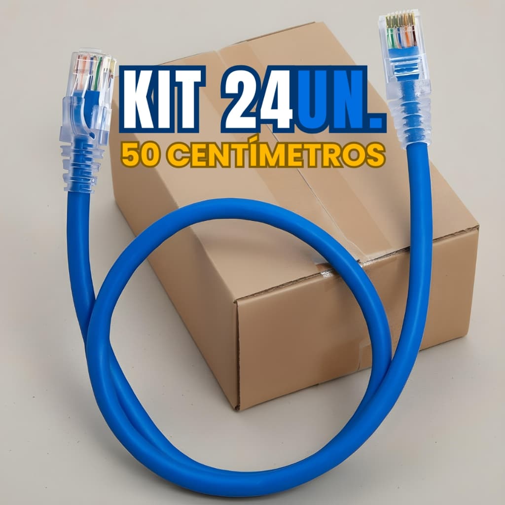 Cabo de Rede Patch Cord 50cm Cat6 - Azul Com Capa Alta Velocidade Kit 24 Unidades