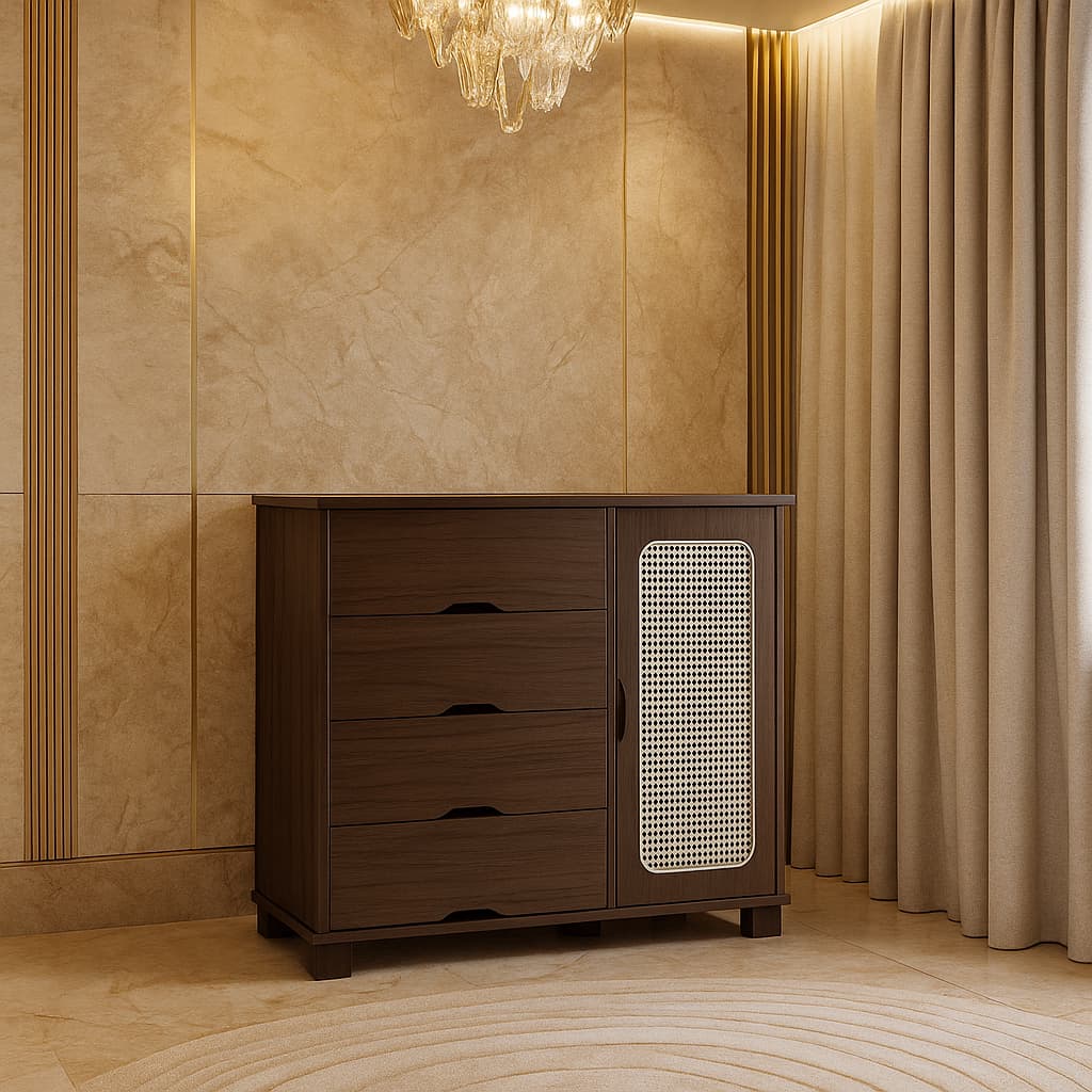 Cômoda com 4 Gavetas e 1 Porta Feita de MDF Para Quarto de Solteiro Corrediças Telescópicas Pés de Madeira