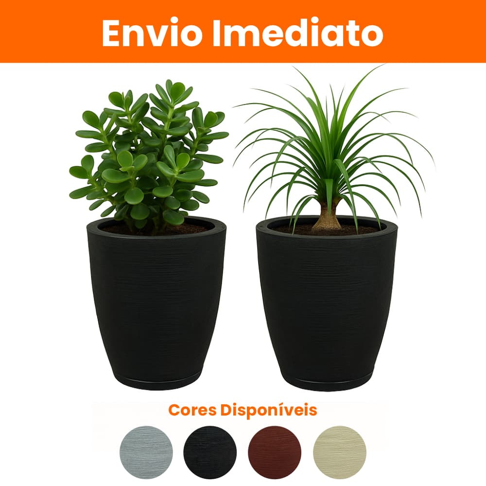 2 Vasos de plantas Decorativos Polietileno Escovado + Prato – Decore Casa, Jardim e Varanda