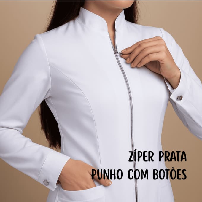 Jaleco Feminino Acinturado Zíper Prata e Punho Botão Personalizado