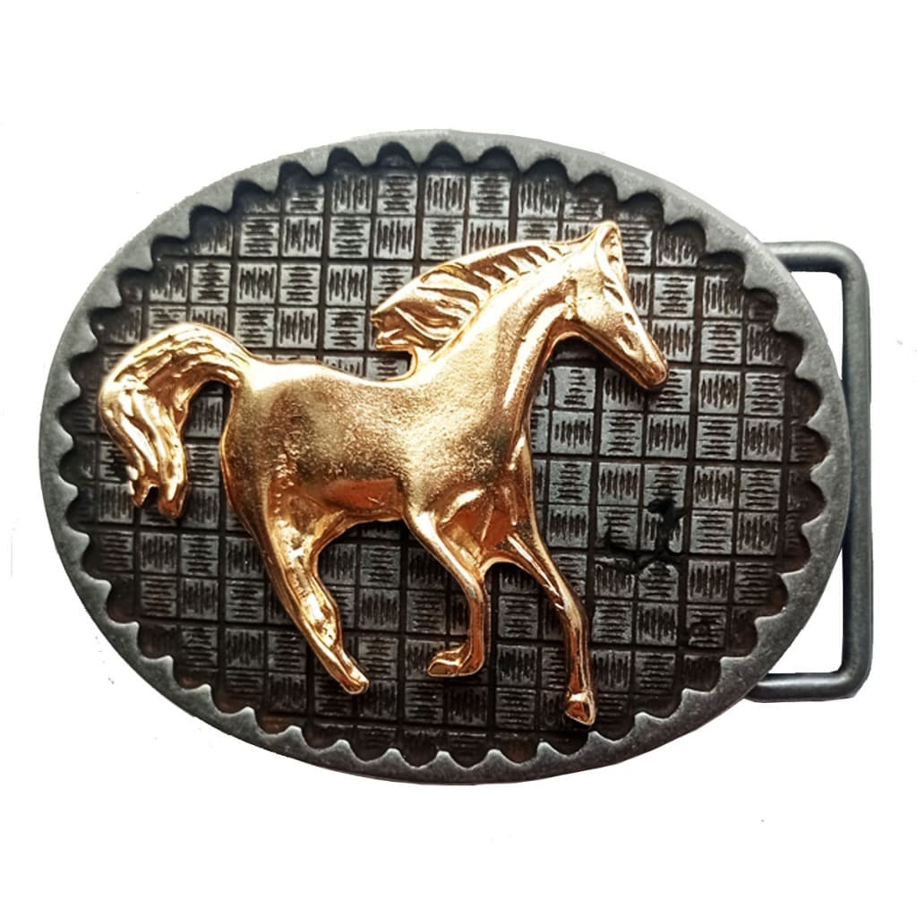 Fivela Metal Com Passador Para Cinto  7cm x8,5cm Cavalo Dourado Peão Boiadeiro