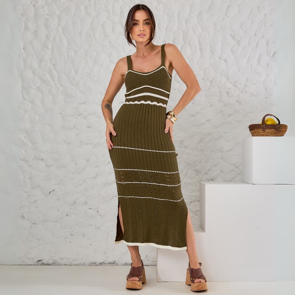 Vestido Midi Tricô Listrado Alcinha com Fenda Lateral Ajustado Verão Casual Feminino