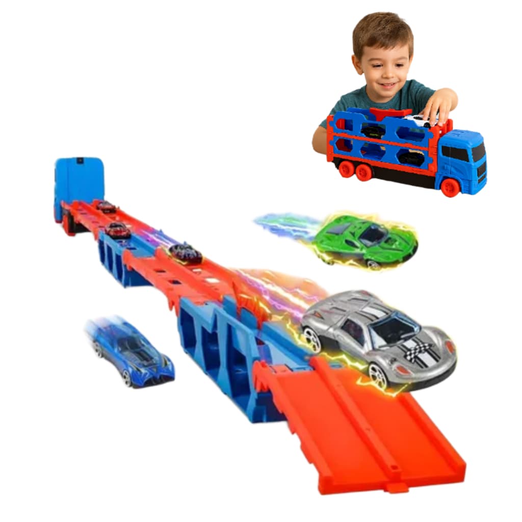 Caminhão Cegonha Vira Pista de 1,55m + 2 Carrinhos de Metal - Aceita Hot Wheels + Brinde 2 Carrinhos