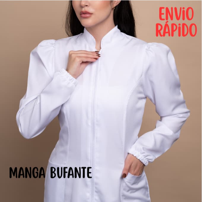 Jaleco Feminino Manga Bufante e Zíper Branco ENVIO RÁPIDO