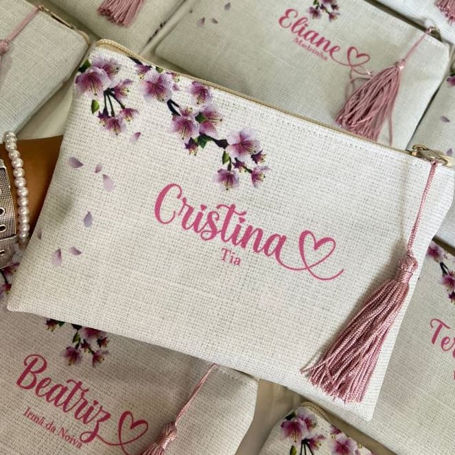 Necessaire PEQUENA Personalizada Rosa Flor de Cerejeira, presente, madrinha, aniversário, casamento, lembrancinha.