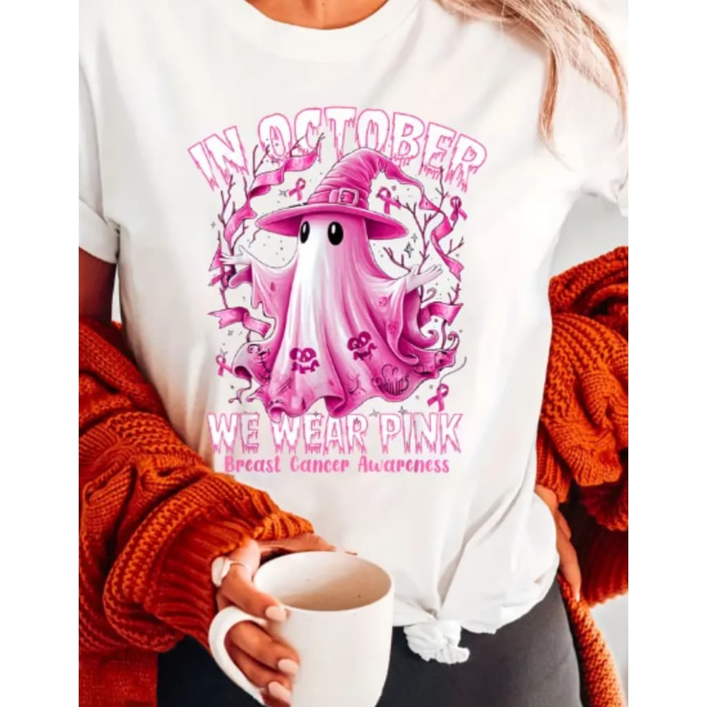 Camisa Feminina Halloween Fantasma Rosa Estampada Camiseta Gola Redonda Unissex Manga Curta Primavera Verão