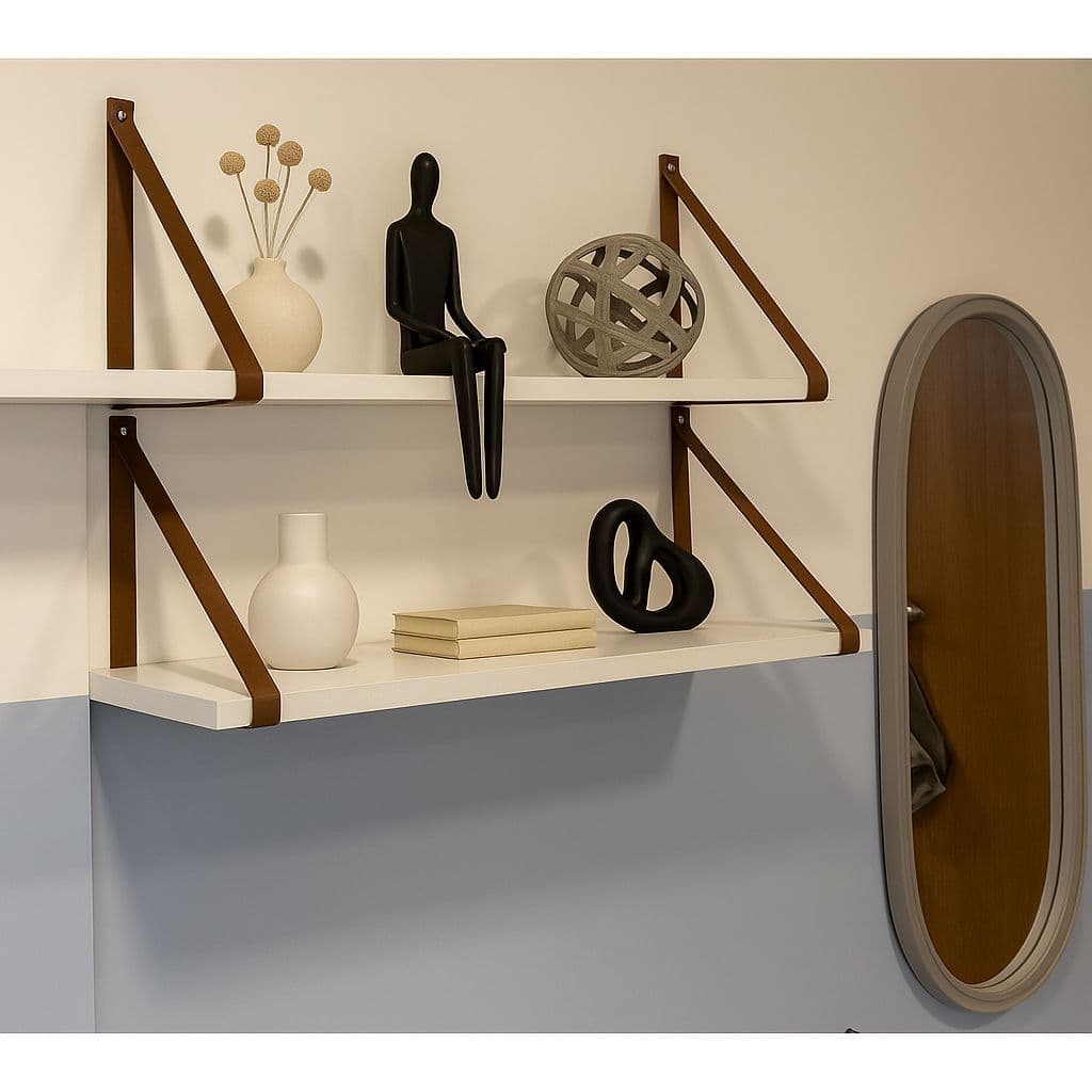 Kit 2 Prateleiras 45x15 incluso Alça Couro Ecológico e kit instalação Mdf Branco laminado de qualidade