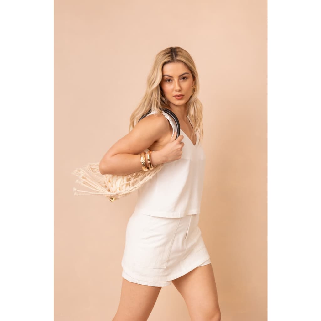 Conjunto Feminino Alba Blusa Shorts-Saia Algodão Linho Slim Plus Size Verão Elegante Moda Casual