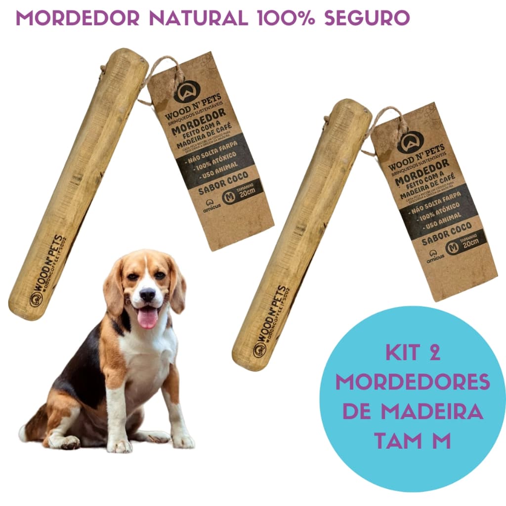Mordedor Brinquedo para Cães Wood n Pets Madeira de Café para roer Natural M Kit 2 unidades