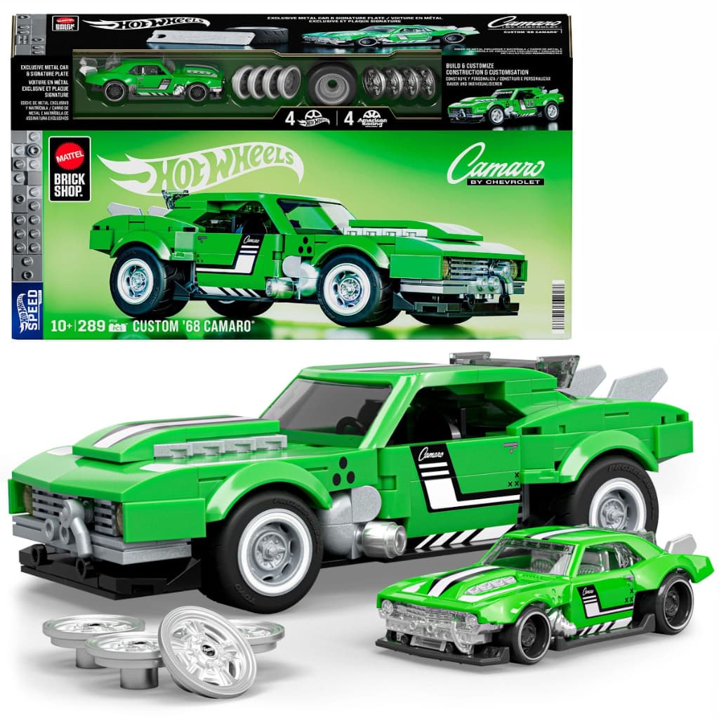 Carrinho Miniatura Hot Wheels Mattel Brick Shop Brinquedo Montar Peças Pecinhas Blocos Chevy Camaro Dia das Crianças