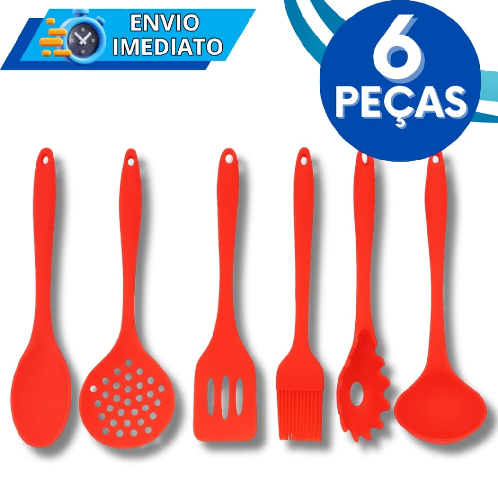 KIT Jogo 6 Utensílios de Cozinha Silicone Premium Resistente Colher Concha Escumadeira Espátula Pegador de Massa Pincel