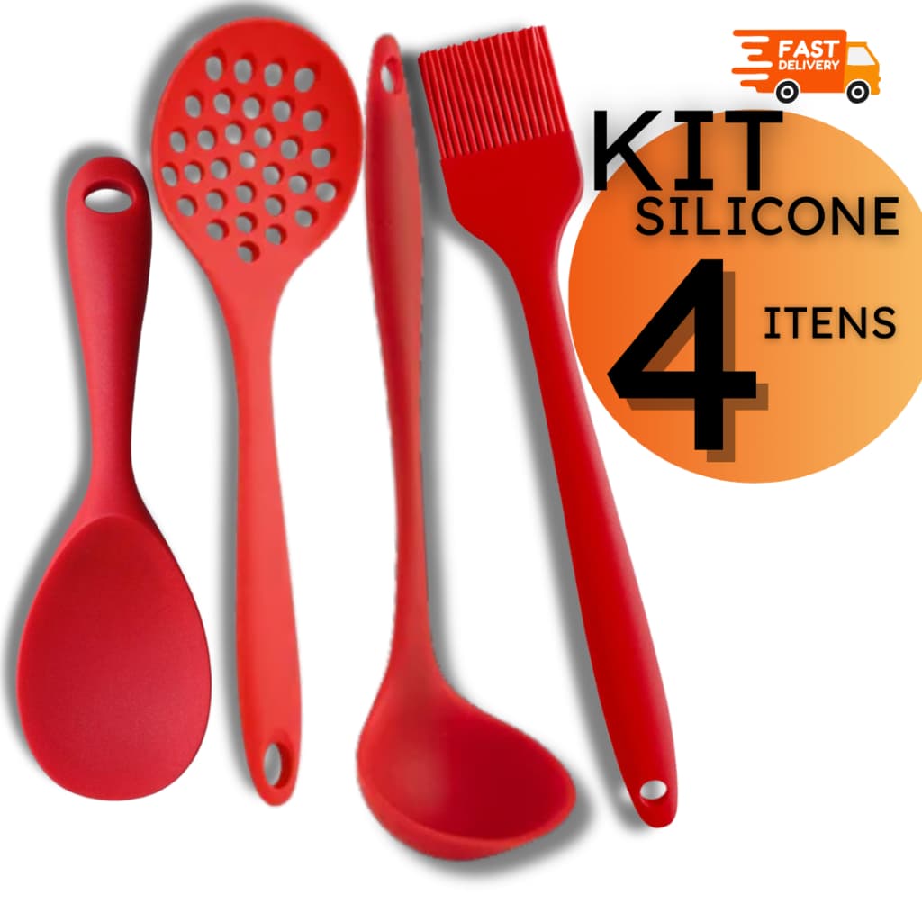 Kit Silicone 4 ou 8 Itens Colher Escumadeira Concha Pincel Culinário