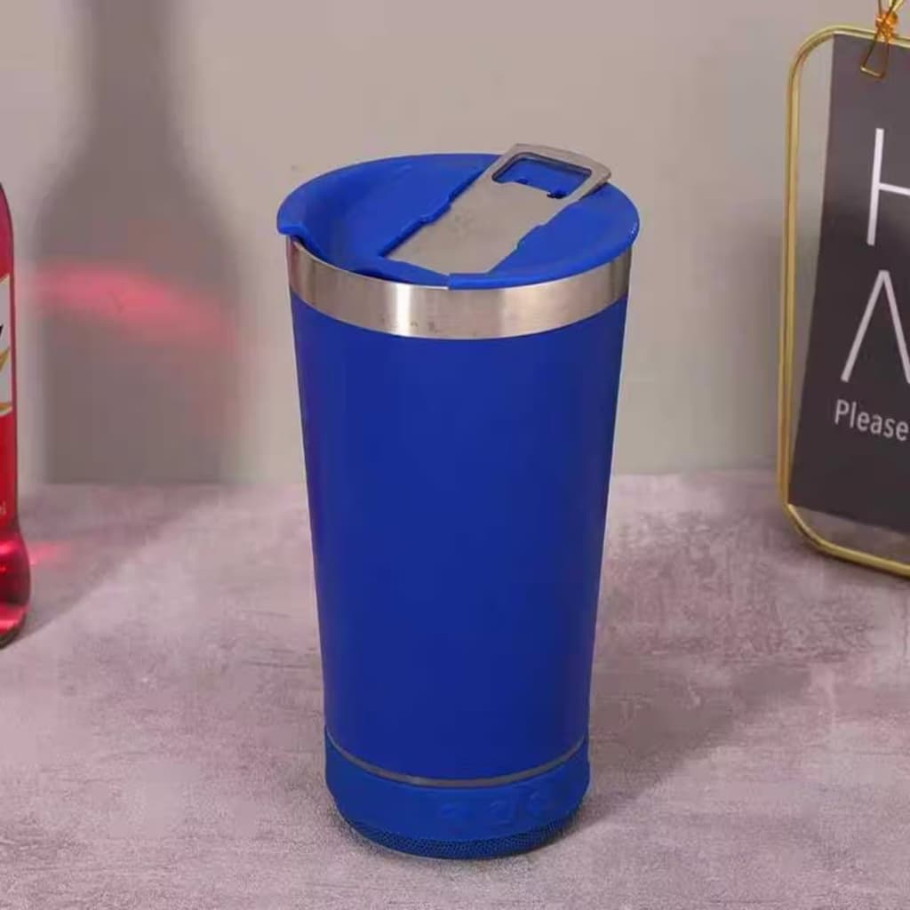 Copo Musical Térmico Aço Inox AZUL Com Caixa de Som Bluetooth com tampa abridor Led RGB 473ML