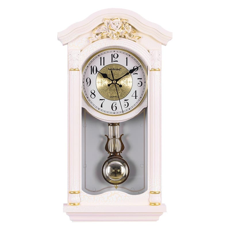 Relógio Parede Branco com Pendulo 66cm Vintage Analógico Rústico Detalhes Dourado Decoração Casa MDF