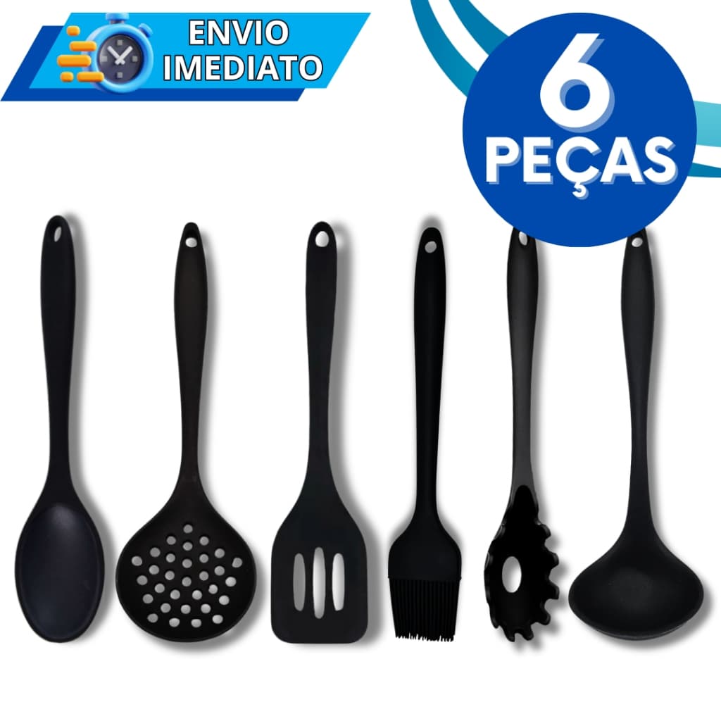 KIT Jogo 6 Utensílios de Cozinha Silicone Premium Colher Concha Escumadeira Espátula Pegador de Massa Pincel Não Risca