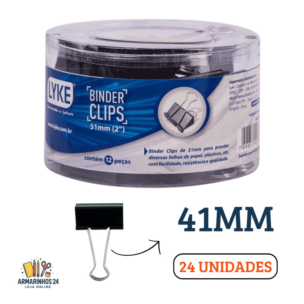 Clip Binder Borboleta Preto 24 Unidades 41mm – Clipe Metálico p/ Decoração, Papel, Escritório e Festas