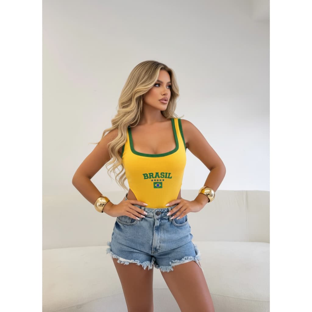 Body Feminino Bori Bory Cavado Cavadão Alça Grossa Decote Quadrado Brasil Brazil BrasilCore Eleição Copa