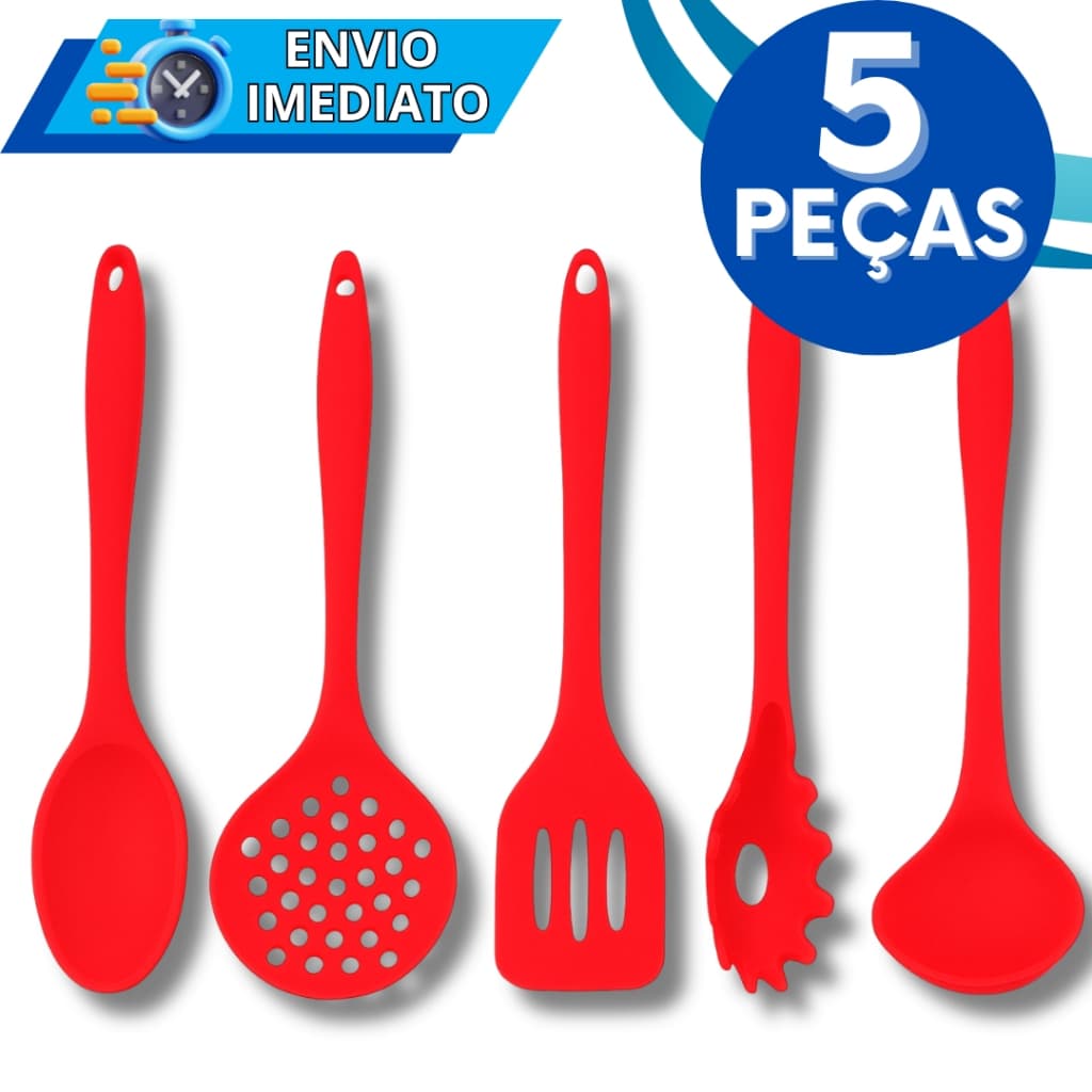 KIT Jogo 5 Utensílios de Cozinha Silicone Premium Resistente Colher Concha Escumadeira Espátula Pegador de Massa