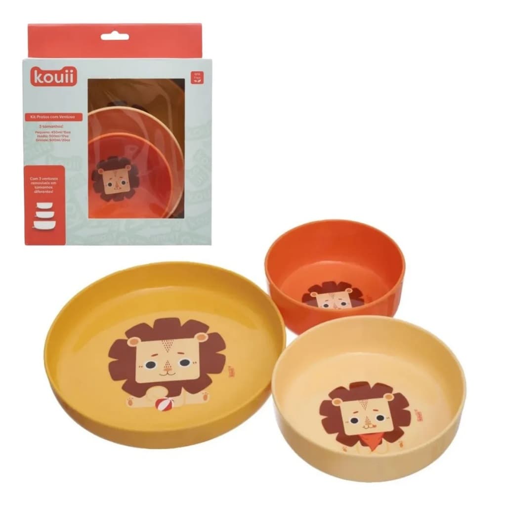 Kit 3 Pratos Infantis com Ventosa Antiderrapante Leão Kouii