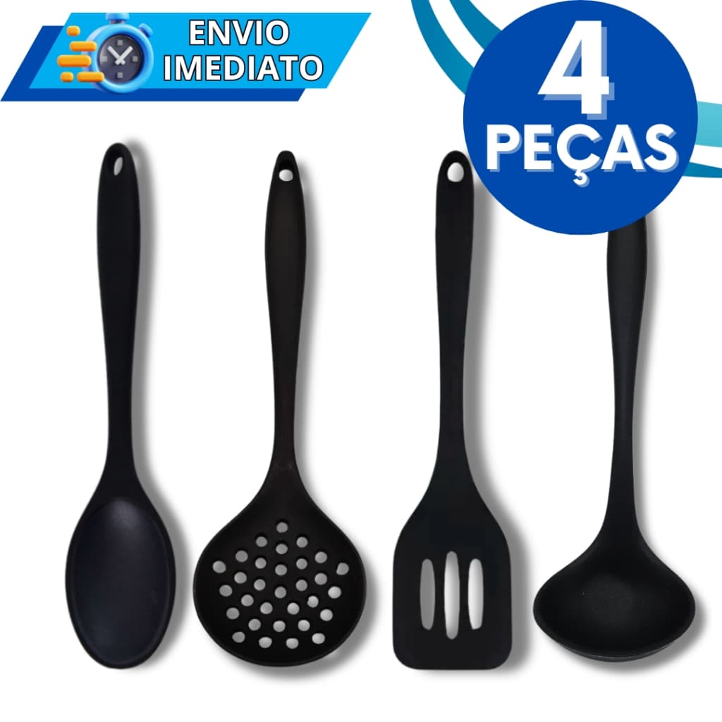 KIT Jogo 4 Utensílios de Cozinha Silicone Premium Super Resistente Colher Concha Escumadeira Espátula Vazada Não Risca