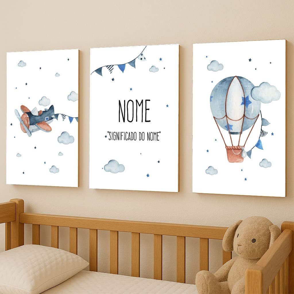 Quadros Decorativos Avião Balão, Kit 3 Peças, Decoração Quarto Infantil Menino Aquarela