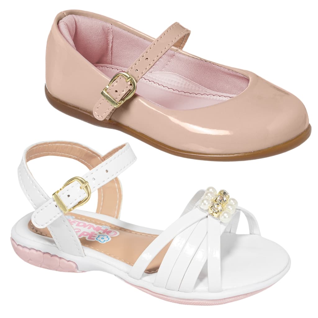 Kit 2 Pares Sandália e Sapatilha Infantil Feminina Menina Festa Casamento Daminha Delicada Conforto