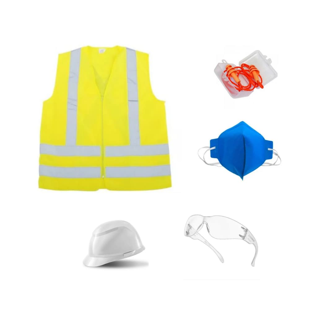 Kit Obras Epi Colete Refletivo Sem Bolsos Capacete Óculos Protetor Auricular Mascara Respirador Sinalização