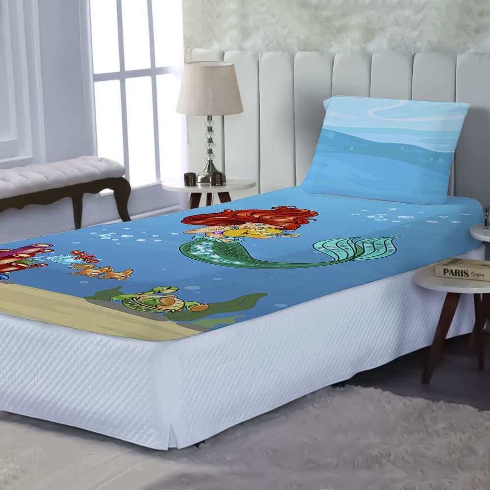 Kit Lençol + Fronha Microfibra Premium Tema sereia  Estampa Infantil Sublimado