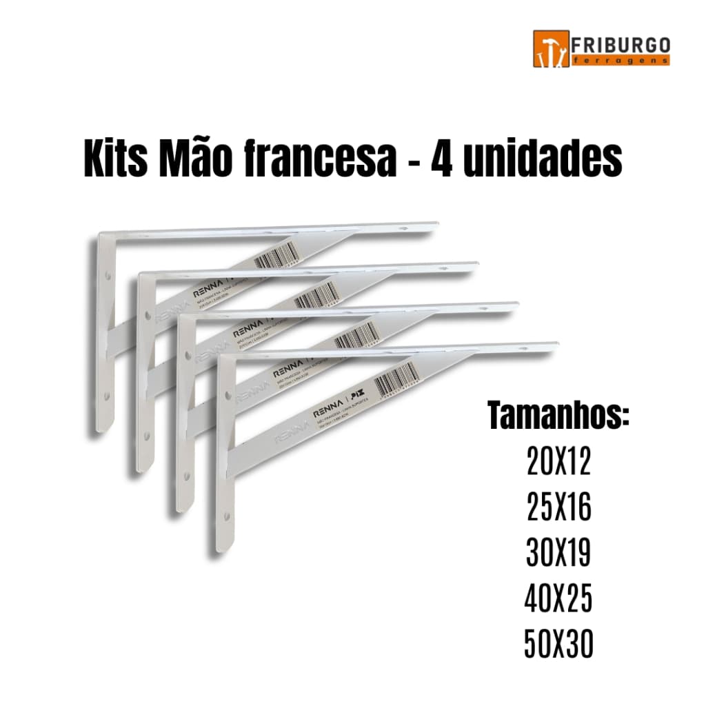 Mão Francesa Suporte para Prateleira BRANCA 90° 4 UNIDADES - VARIOS TAMANHOS - c/ buchas e parafusos