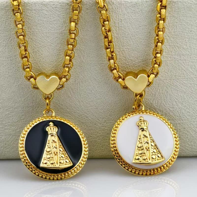 Conjunto Colar Corrente e Pulseira Portuguesa Grossa Dourada – Pingente Nossa Senhora Aparecida