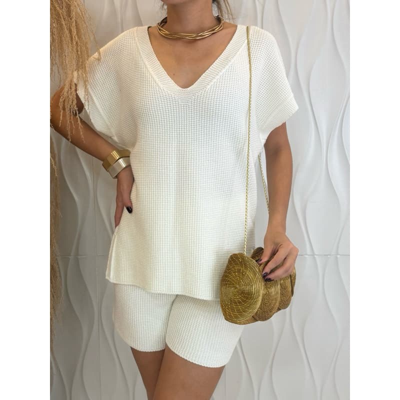 Conjunto Feminino Blusa e Shorts Tricot Modal Verão Outono Primavera Inverno Casual Moda Decote V