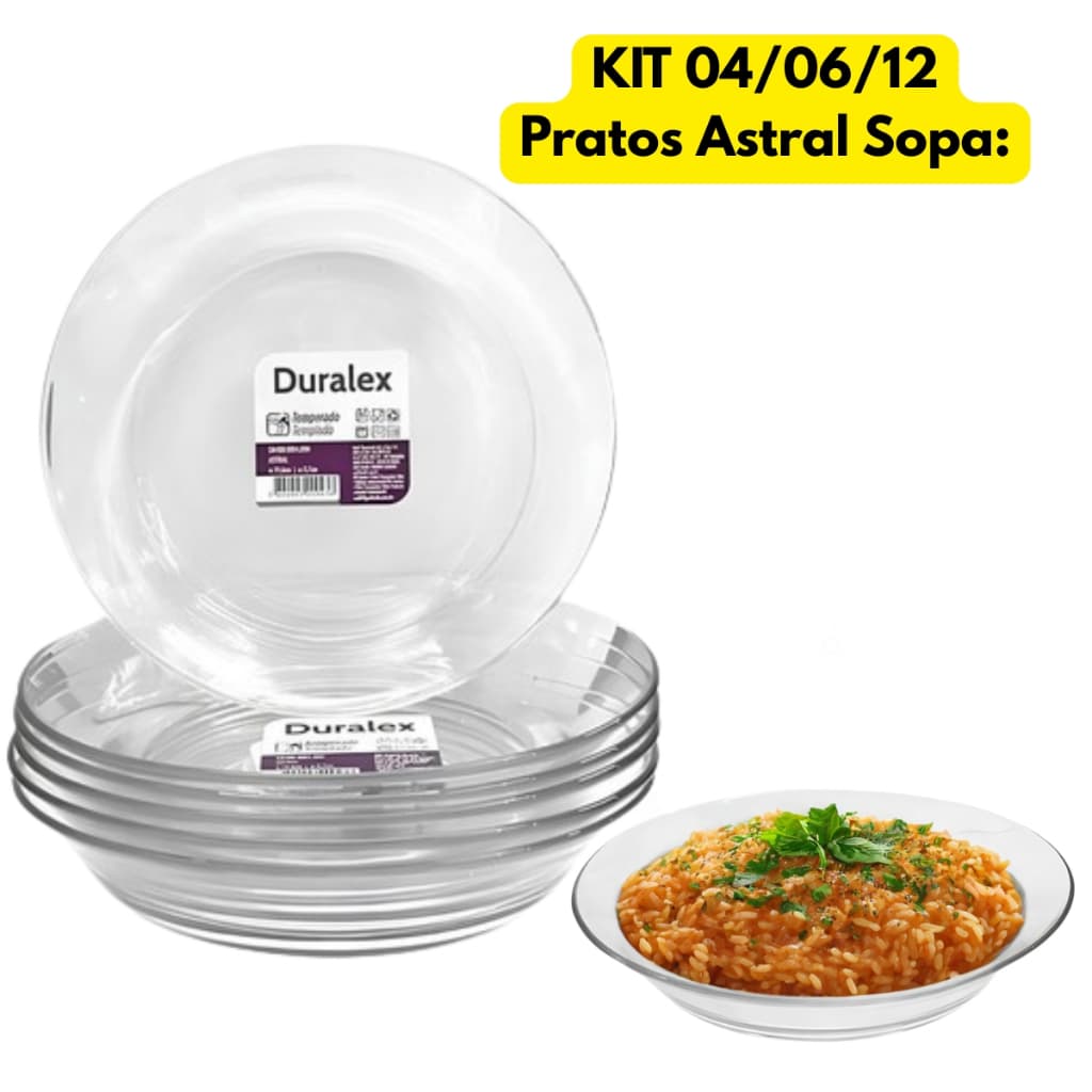 Jogo Kit Pratos Vidro Astral Sopa 19CM Fundo Caldo Pequeno Buffet Restaurante Sobremesa Conjunto Bar