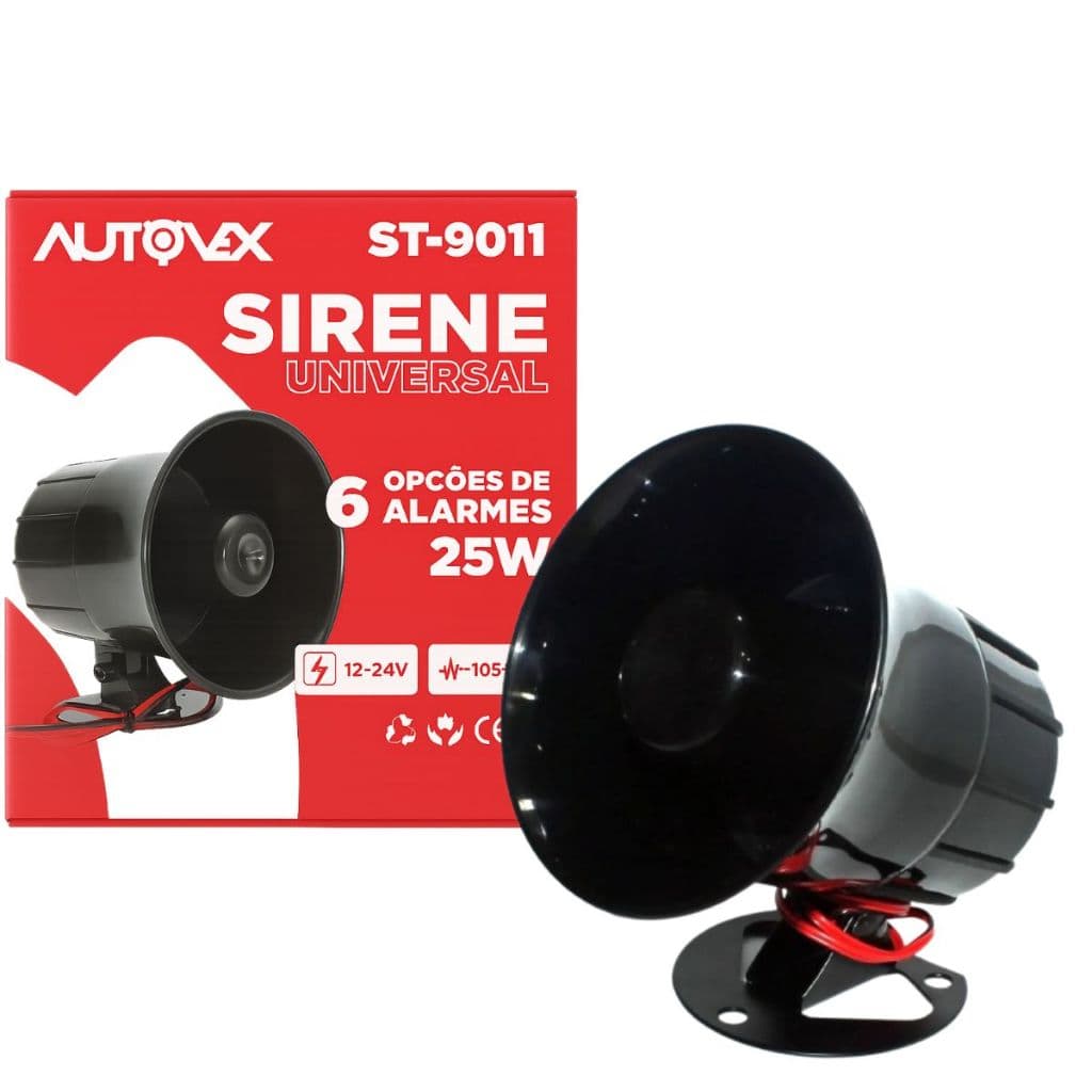 Sirene de Re Alarme Automotivo Universal 25W 12V 24V 6 Sons Resistente Água 105dB