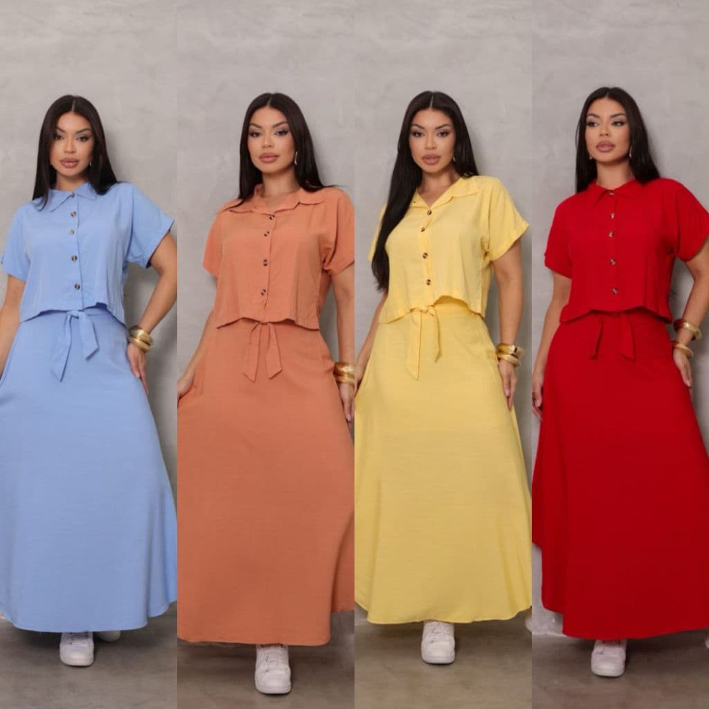 Conjunto Feminino Alfaiataria Blusa Camisa Botão e Saia Longa Moda Evangélica Elegante Colete